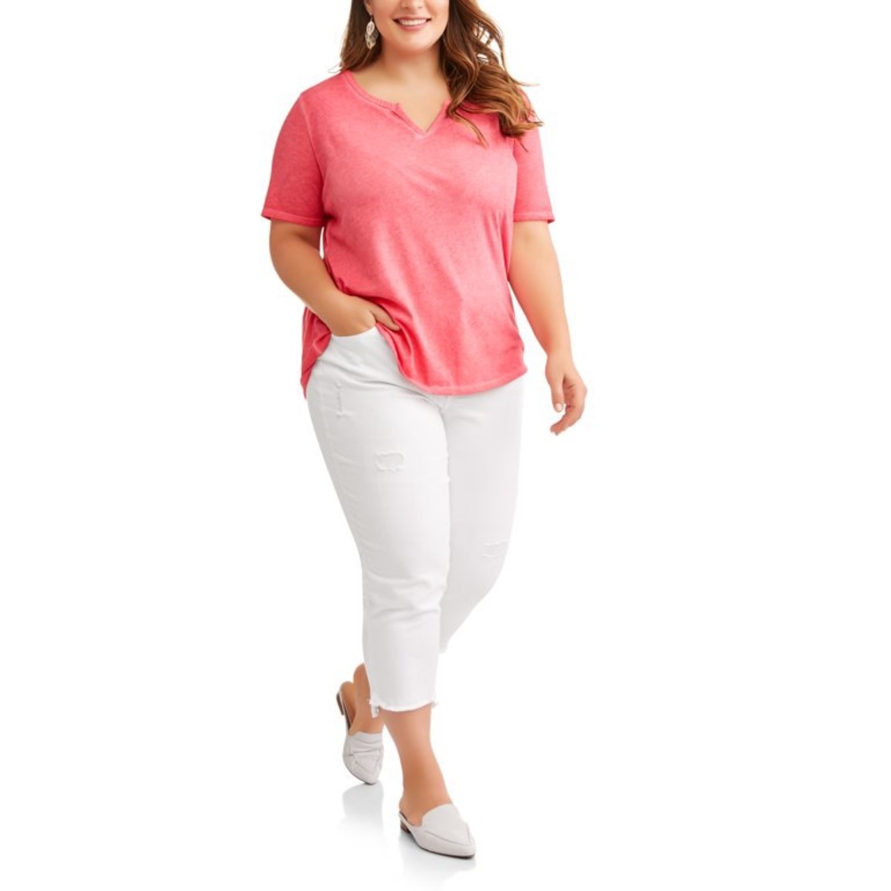 Terra & Sky Red Rover Casual Cotton Polyester Women's Plus Split Neck Tee - Picture 6 of 8